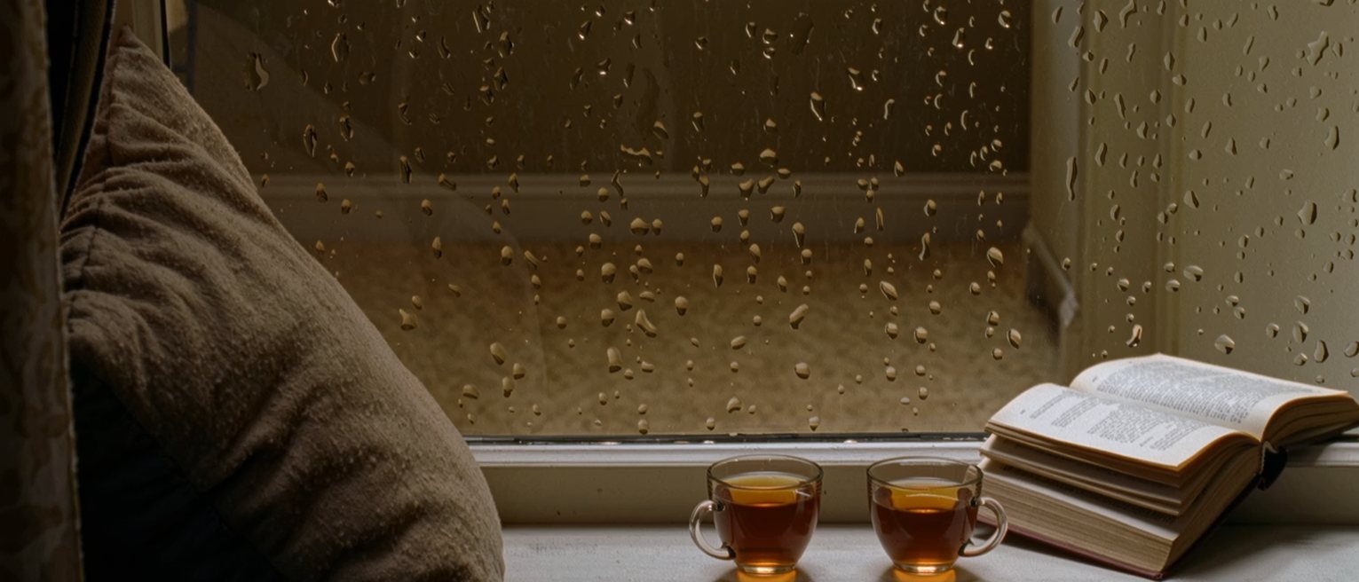 a window seat seen close with rain on the glass, two cups of tea on the sill, a blanket pushed back at one end and a book open face down at the other