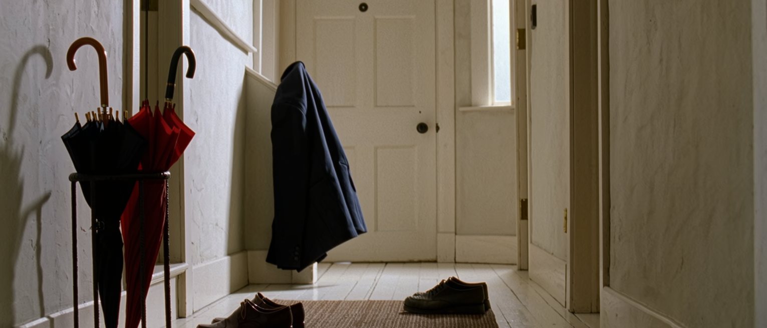 a hall with two umbrellas dripping in the stand, two pairs of wet shoes side by side on the mat and a coat over the newel post, the door closed behind