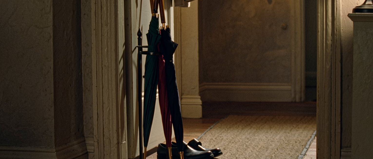 a hall with two umbrellas dripping in the stand, two pairs of wet shoes side by side on the mat and a coat over the newel post, the door closed behind