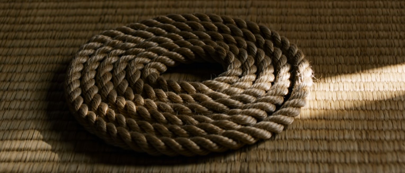 a coil of dyed jute rope laid in flat concentric turns on a tatami mat, the fibres slightly furred