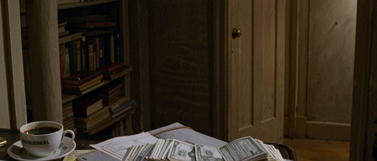 a desk seen close with a film camera, a stack of unpaid bills fanned beside a cheque book and a pawn ticket, a cup of coffee and the bookshelves soft behind