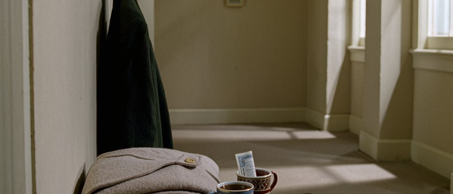 a bedroom seen close with a good coat folded over the chair, a jacket on the hook beside it, a tray with two cups and a bill tucked under one, the window soft behind