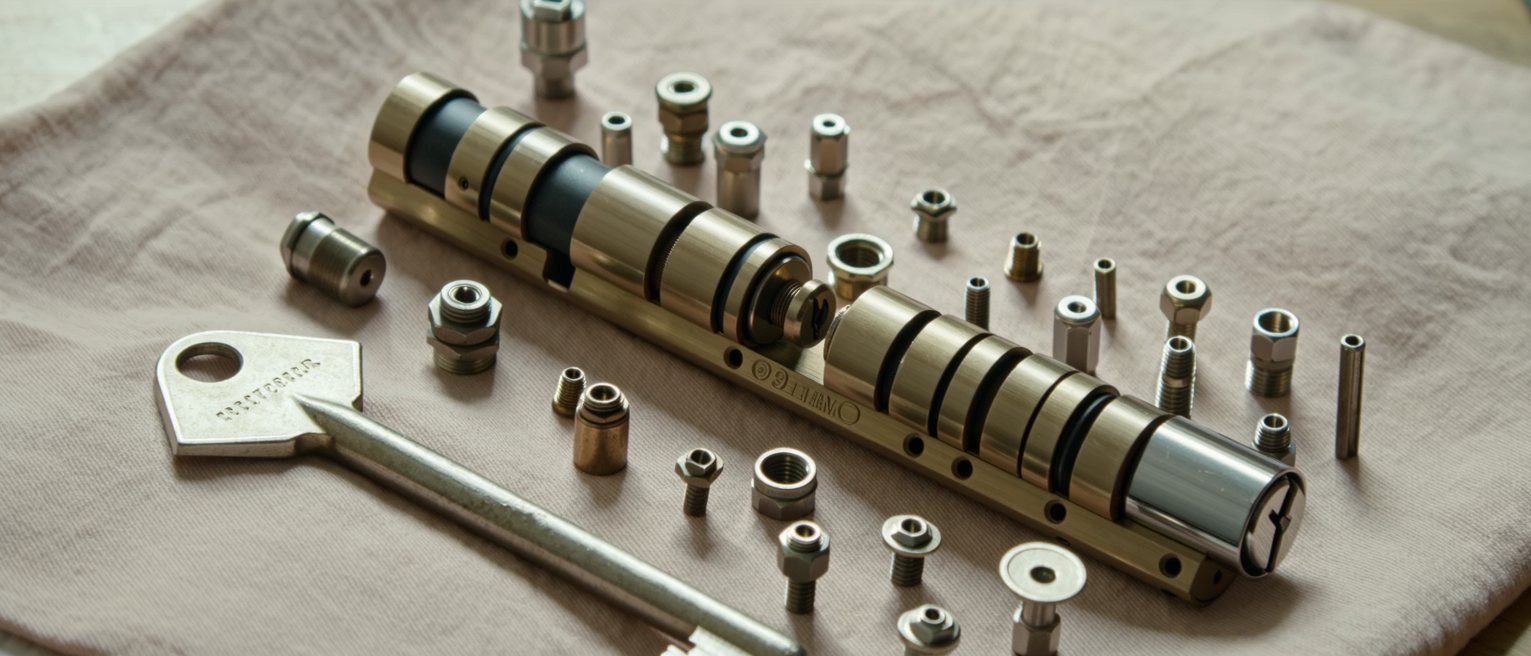a dismantled lock laid out on a cloth, every part in the order it came out