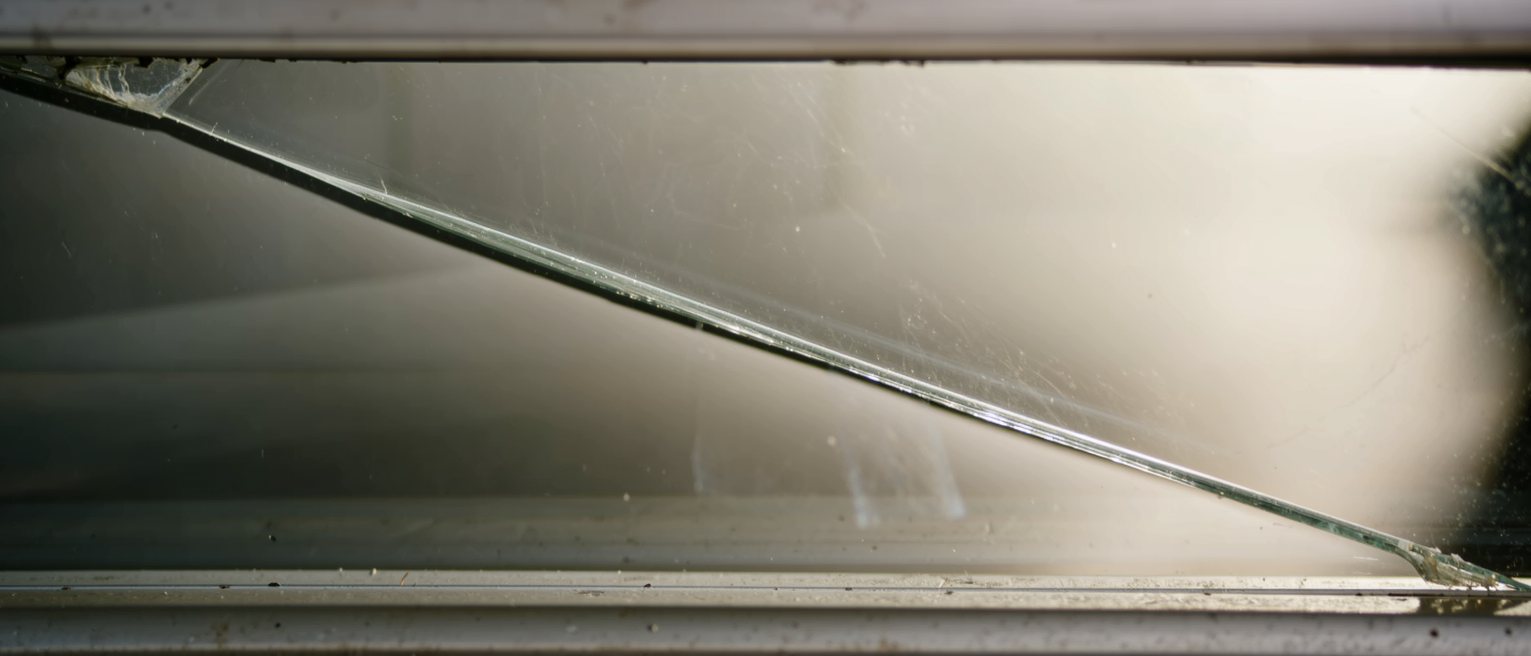 a pane of glass with a single crack running corner to corner, still in its frame