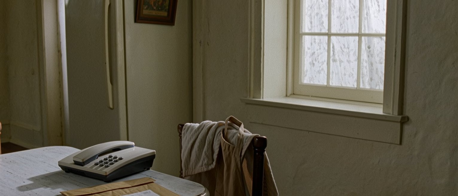 a kitchen seen close with a pay envelope on the table beside a remittance receipt and a phone face up, a folded apron on the chair and a small framed drawing on the fridge, the window soft behind