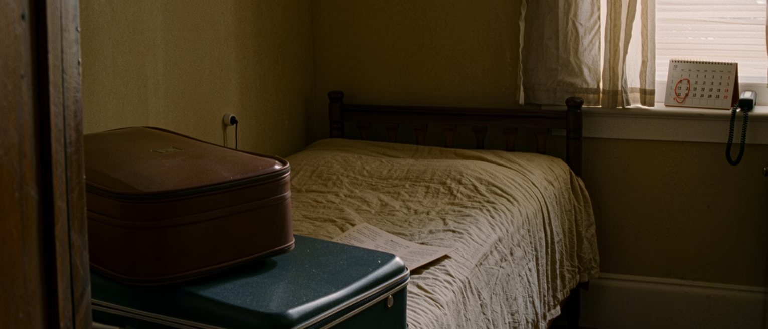 a bedroom seen close with a single bed in a small room, a suitcase on top of the wardrobe, a calendar with a date circled in a far month and a phone charging on the sill, the window soft behind