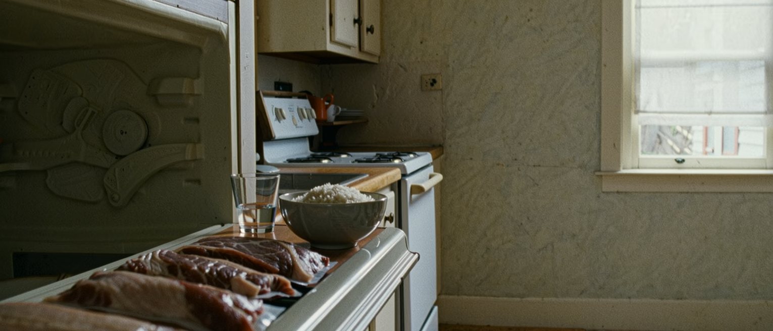 a kitchen counter seen close with the fridge open beside it and the meat cleared out onto the counter in its packets, a bowl of plain rice and a glass of water at one place, the cooker and the shelves close behind and the window soft beyond