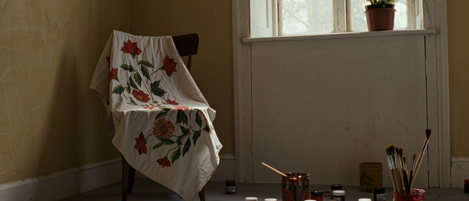 a bedroom seen close with a bedsheet painted with flowers and leaves left to dry over the chair, jars of paint and brushes on the floor and a plant on the sill, the window close behind