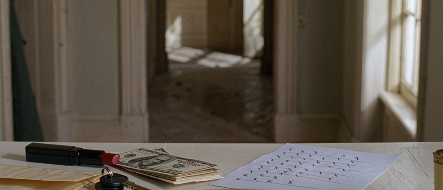 a dressing table seen close with an envelope of cash squared beside a lipstick and a set of house keys, a printed page with its lines crossed through, the lamp soft behind
