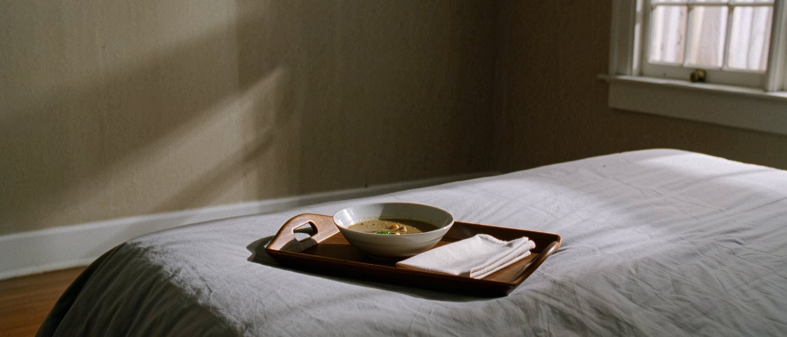 a tray with a bowl of soup and a folded napkin set down on a bed, the covers straightened around it