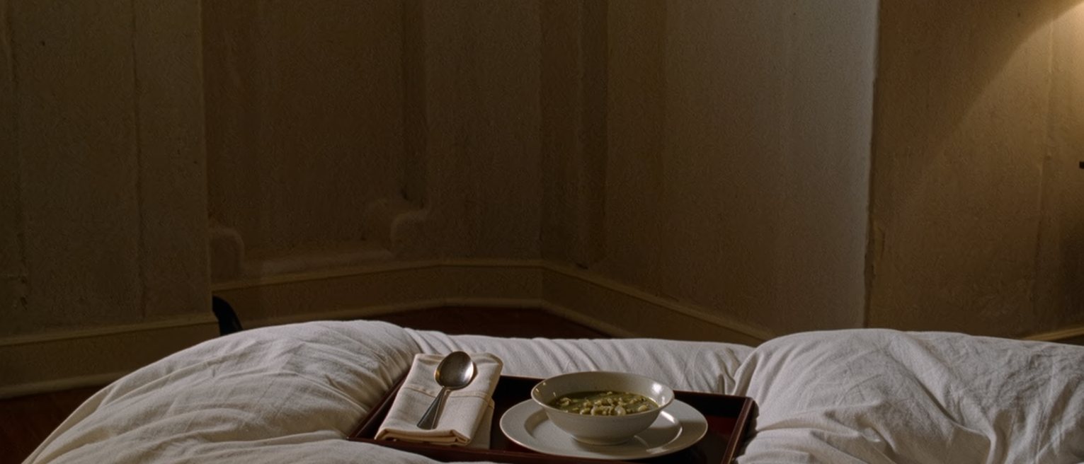 a tray with a bowl of soup and a folded napkin set down on a bed, the covers straightened around it