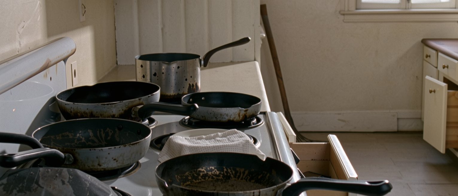 a kitchen after a meal that was not cooked by its owner: the wrong pans used, the drawers left half open, a plate covered and kept warm on the hob