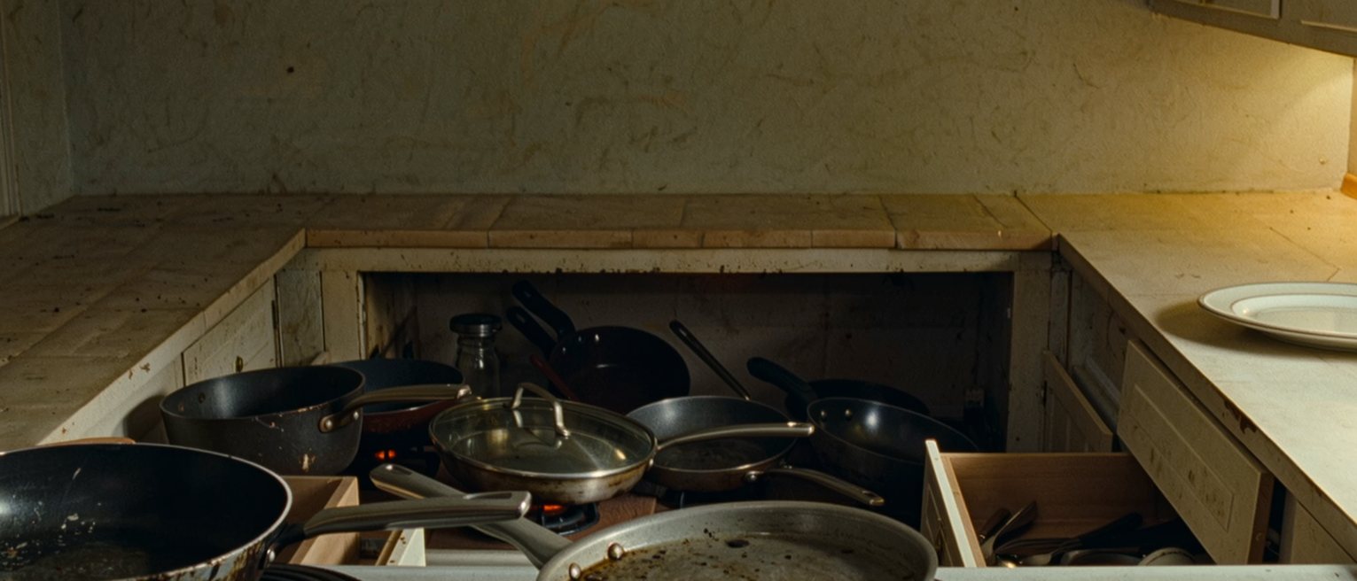 a kitchen after a meal that was not cooked by its owner: the wrong pans used, the drawers left half open, a plate covered and kept warm on the hob
