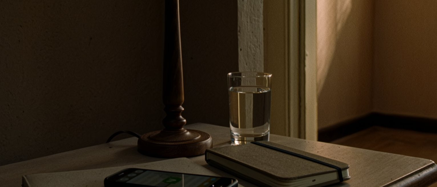 a bedside table seen close with a phone face up beside a diary held shut with an elastic band, a glass of water and the lamp close behind