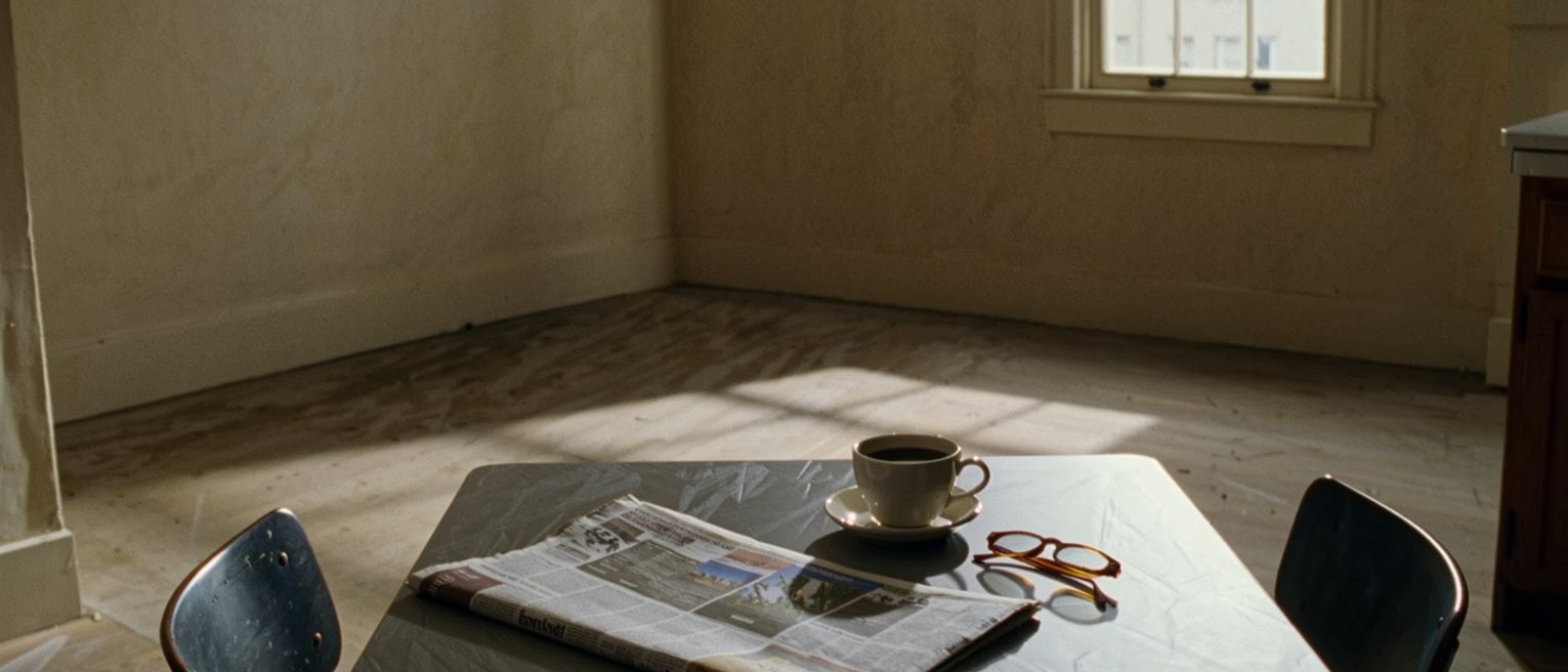 a kitchen table seen close with a local newspaper folded open, a cup of coffee and a pair of reading glasses, three chairs around it and the window soft behind