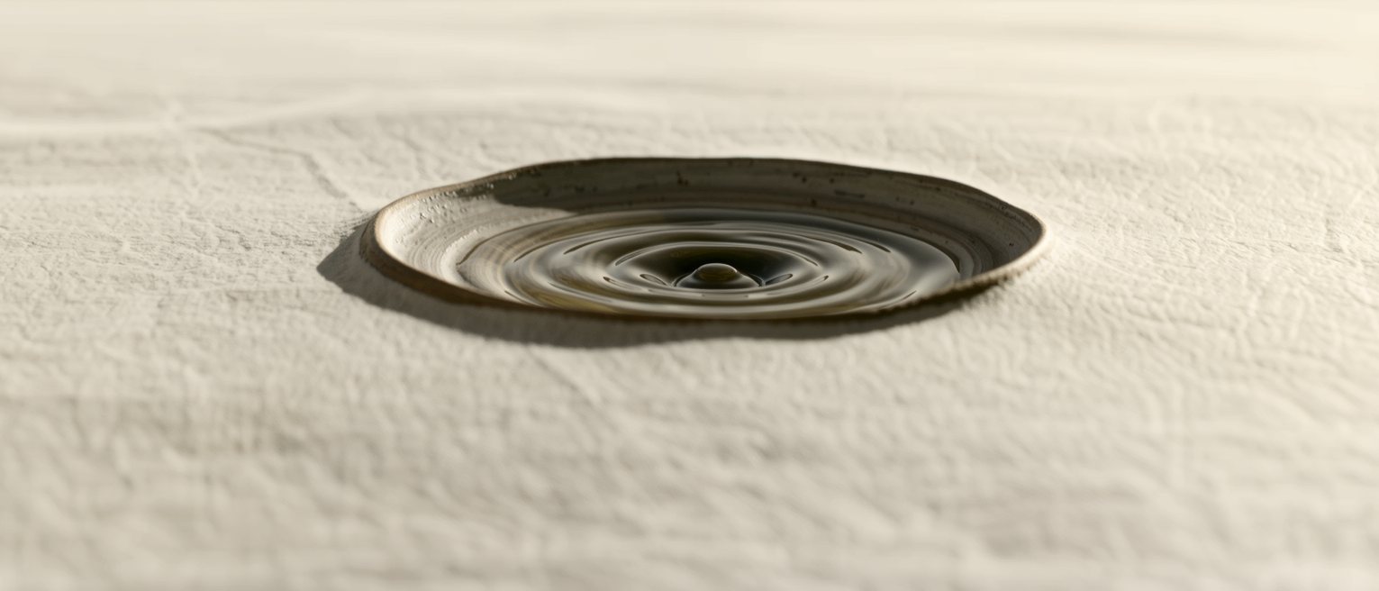 a shallow bowl of still water with a single ripple spreading outward from its centre, not yet reached the rim