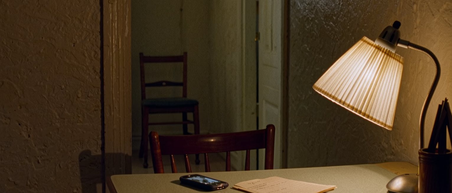 a small flat's table seen close, a phone left beside a note folded once, two cups and a bowl of fruit, the chair opposite pushed in square behind them
