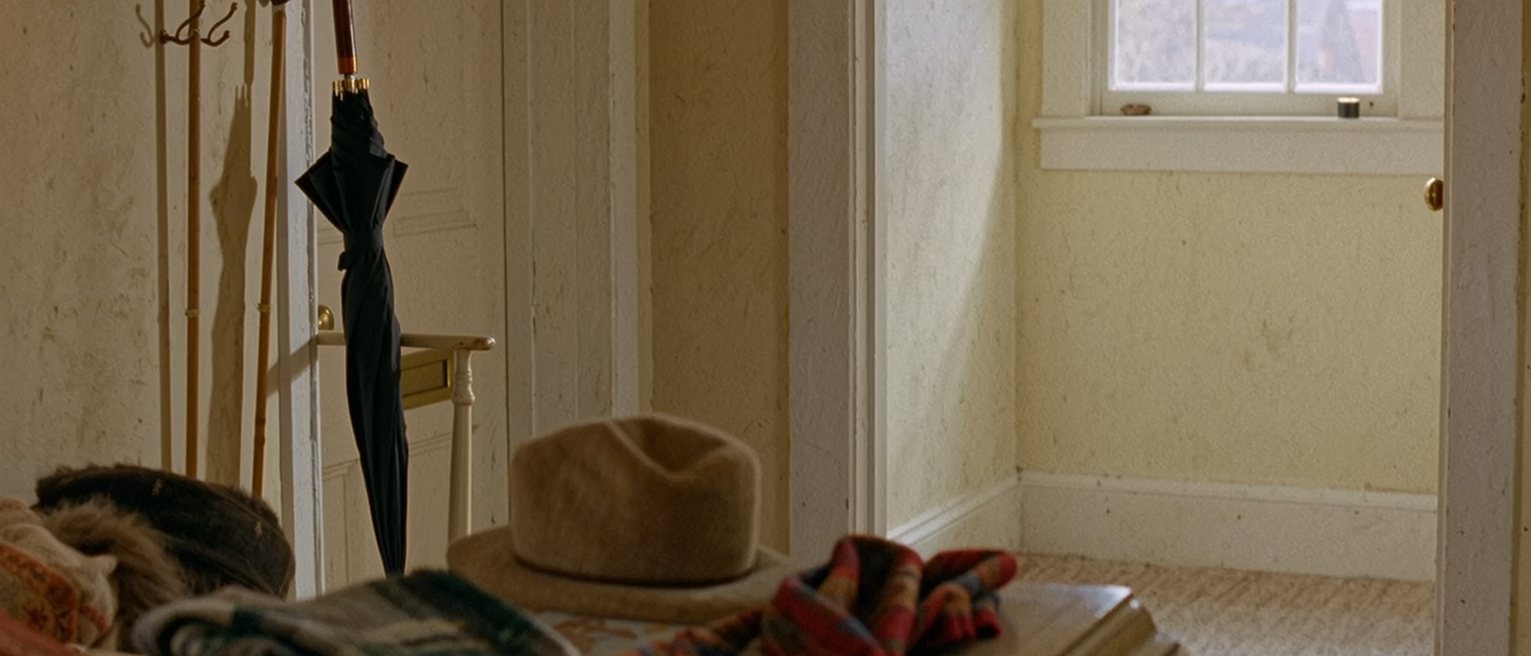 a hall with one umbrella in the stand and the second hook empty, a scarf folded and left on the table by the door