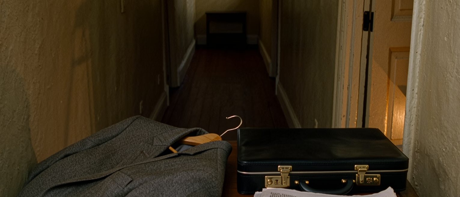 a hall seen close with a suit on its hanger brushed and ready beside a briefcase with nothing in it, a folded newspaper of job listings and a set of keys, the door soft behind