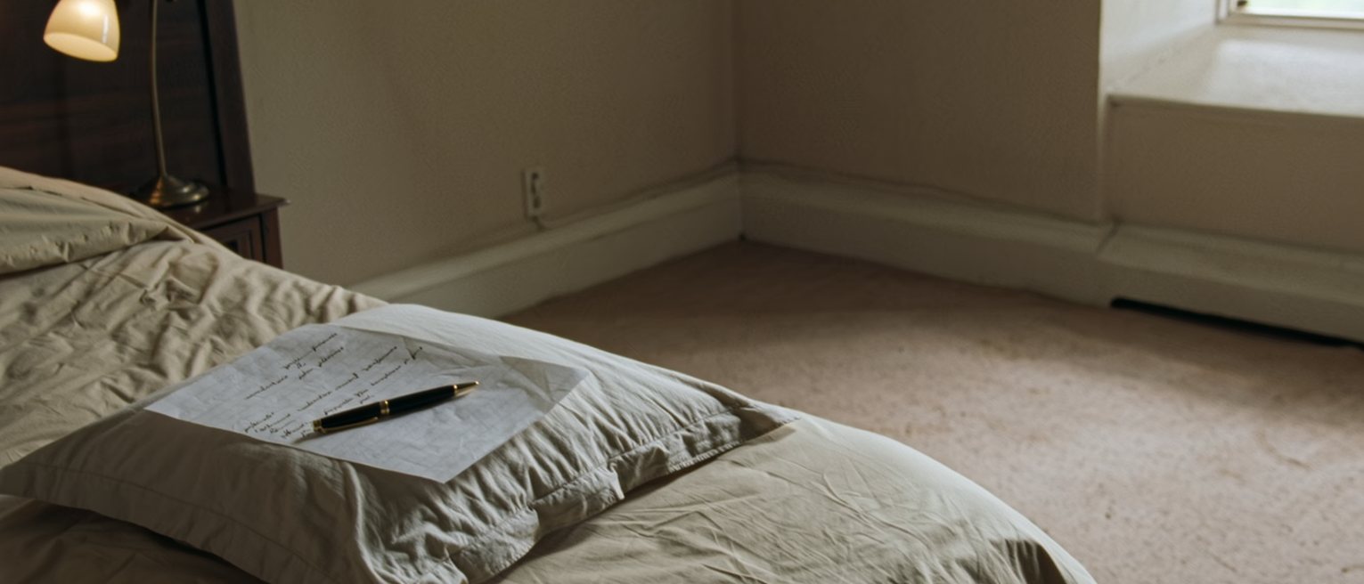 a bedroom with the covers turned down and a written list left on the pillow, the pen still on it, most of the page blank, the headboard and a lit bedside lamp close behind
