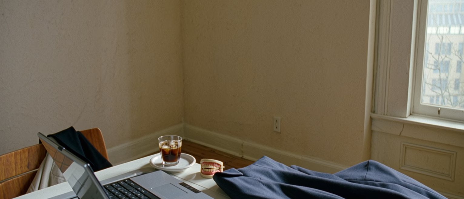 a rented flat seen close with a laptop open on a slide deck, a blazer over the chair, a set of joke false teeth in their packet on the bedside table and a tray with a cold coffee, the window onto the city soft behind