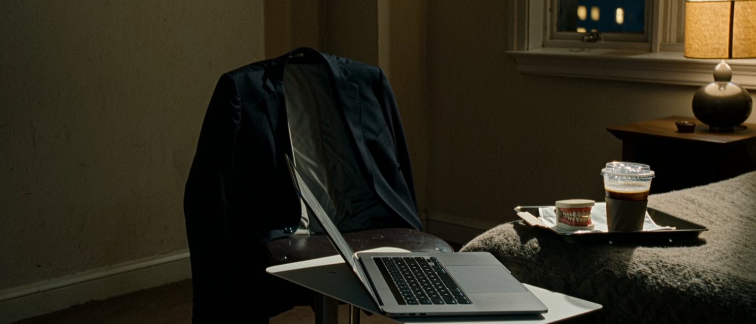 a rented flat seen close with a laptop open on a slide deck, a blazer over the chair, a set of joke false teeth in their packet on the bedside table and a tray with a cold coffee, the window onto the city soft behind