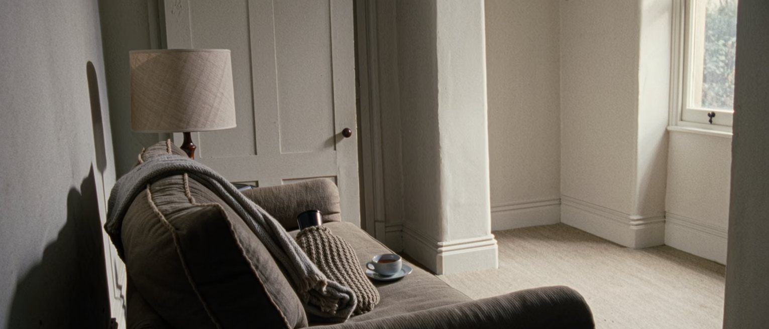 a sofa seen close with a folded wool blanket on one arm, a hot-water bottle in a knitted cover and a cup of tea on the low table, the lamp close behind
