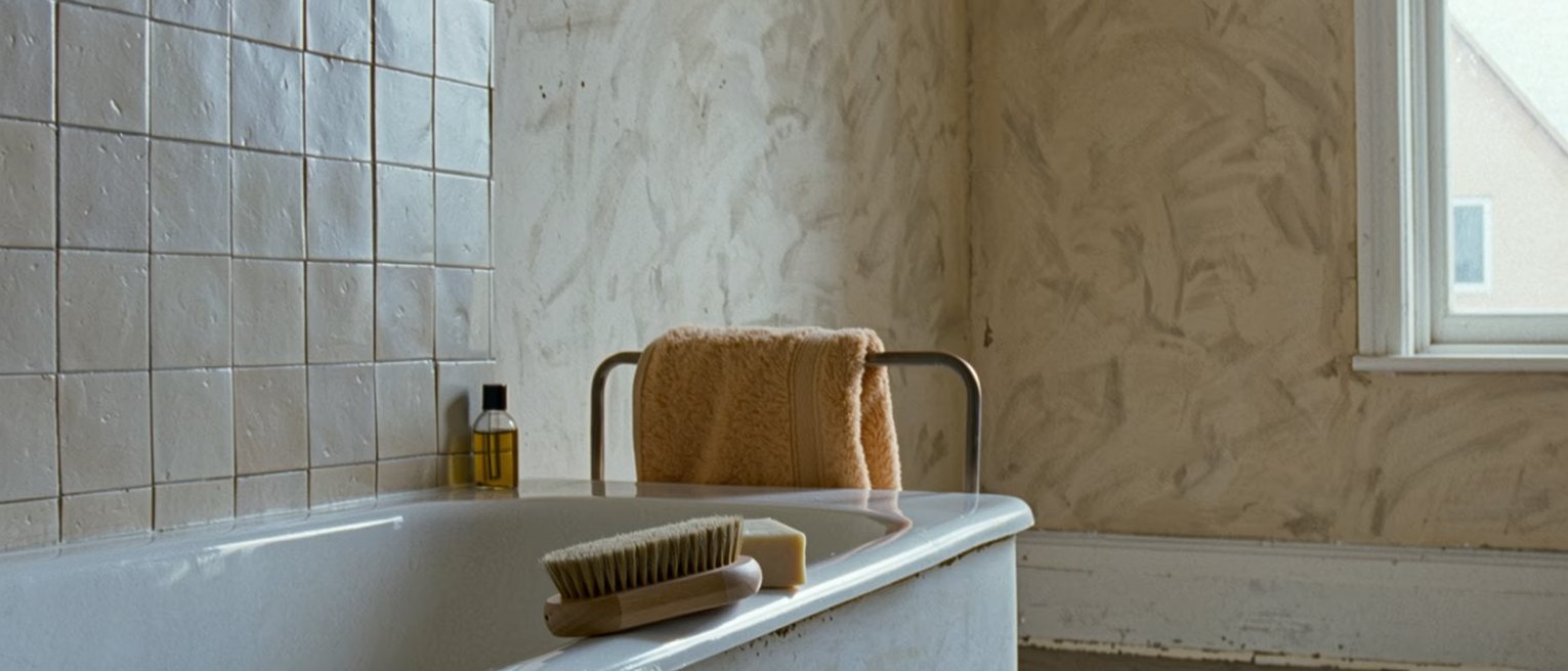 a bathroom seen close with a bath run, a wooden brush and a cake of soap on its edge, a warm towel folded on the rail and a small bottle of oil, the tiles soft behind