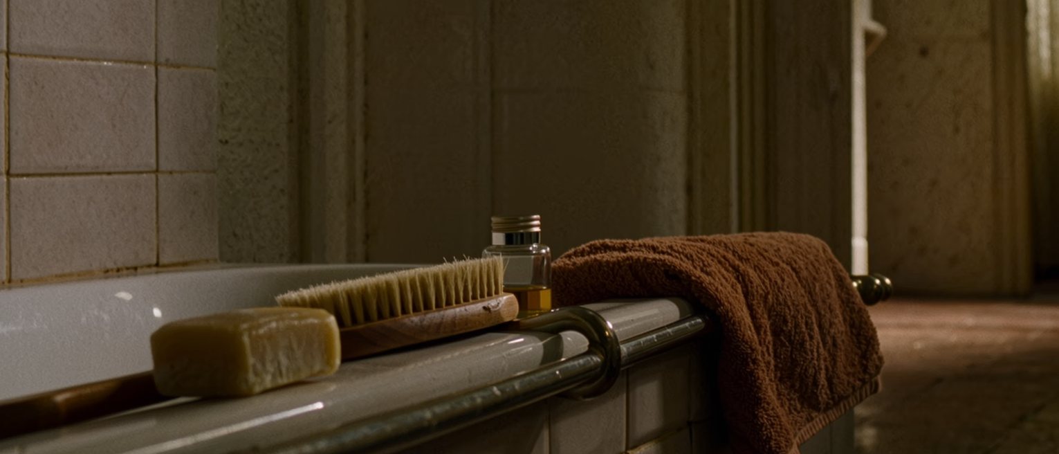 a bathroom seen close with a bath run, a wooden brush and a cake of soap on its edge, a warm towel folded on the rail and a small bottle of oil, the tiles soft behind