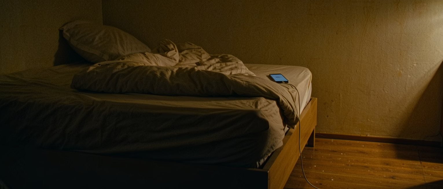a bedroom with the covers turned back on one side only and a phone left charging on the far pillow
