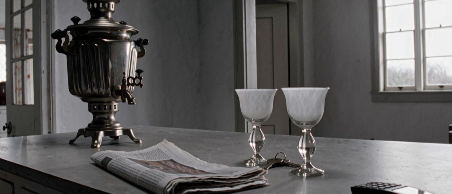 a kitchen table seen close with two tulip tea glasses, a folded newspaper and a phone face down, a set of keys and the samovar soft behind
