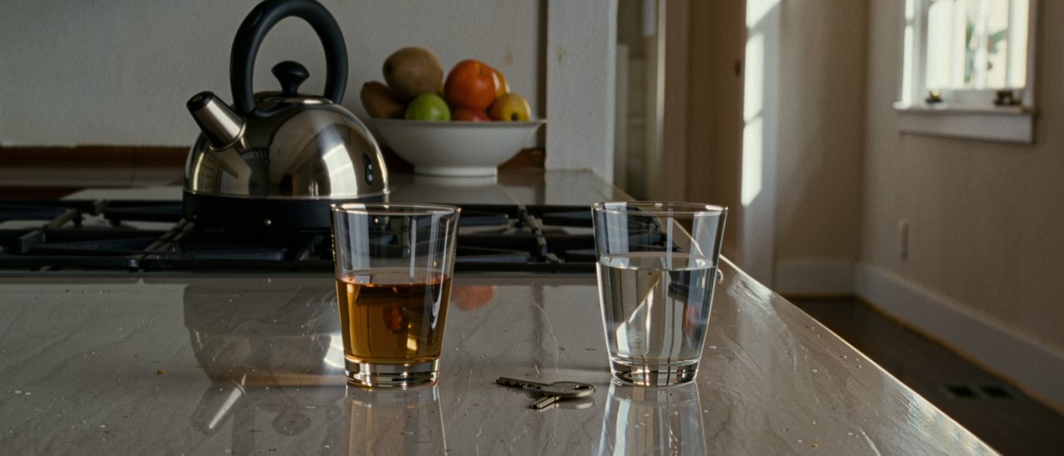 a kitchen table seen close with two glasses, one of whisky and one of water, and a single house key set between them, the kettle, a bowl of fruit and the worktop close behind