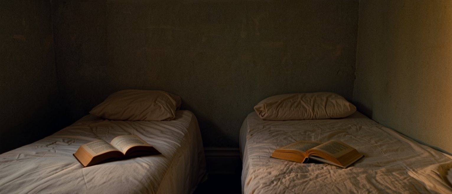a bedroom with two single beds made up side by side, a book on each pillow, the gap between them just wide enough to step through