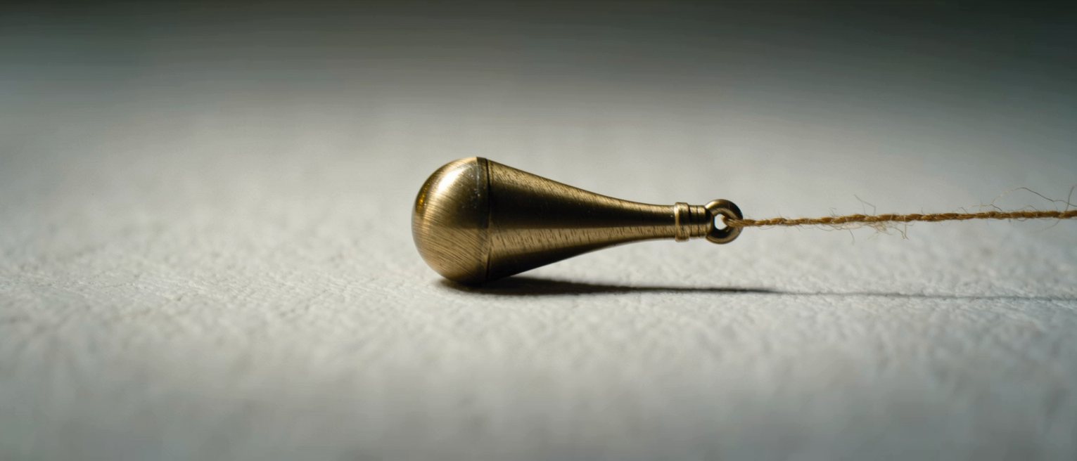 a brass plumb bob hanging still on its line