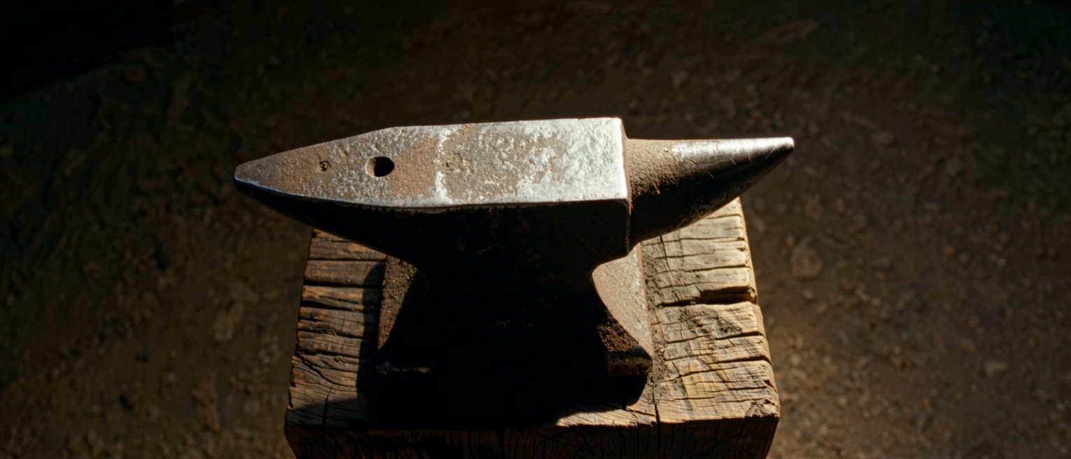 a heavy iron anvil on an oak block, its top worn bright from use