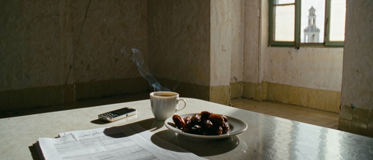 a kitchen table seen close with two printed forms side by side under two different letterheads, a cup of Arabic coffee and dates on a plate, a phone face down, the window with the tower opposite soft behind