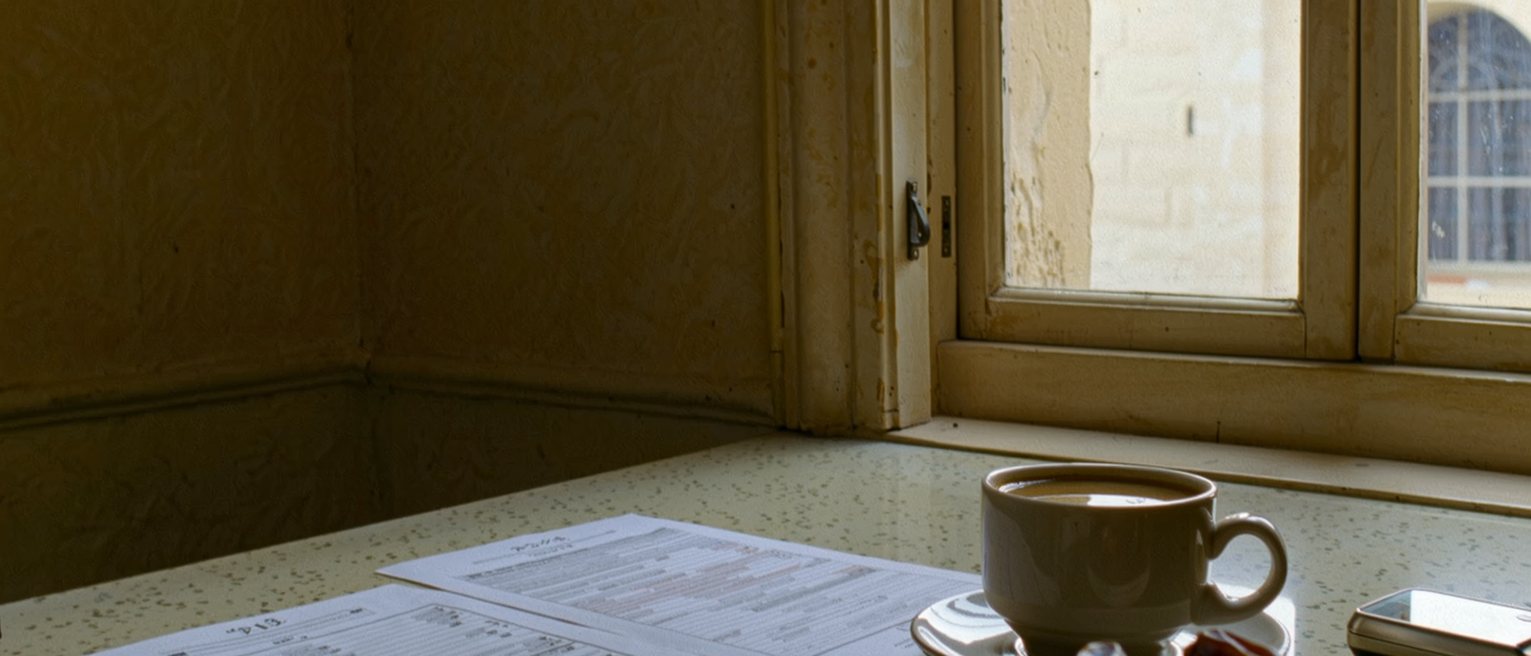 a kitchen table seen close with two printed forms side by side under two different letterheads, a cup of Arabic coffee and dates on a plate, a phone face down, the window with the tower opposite soft behind