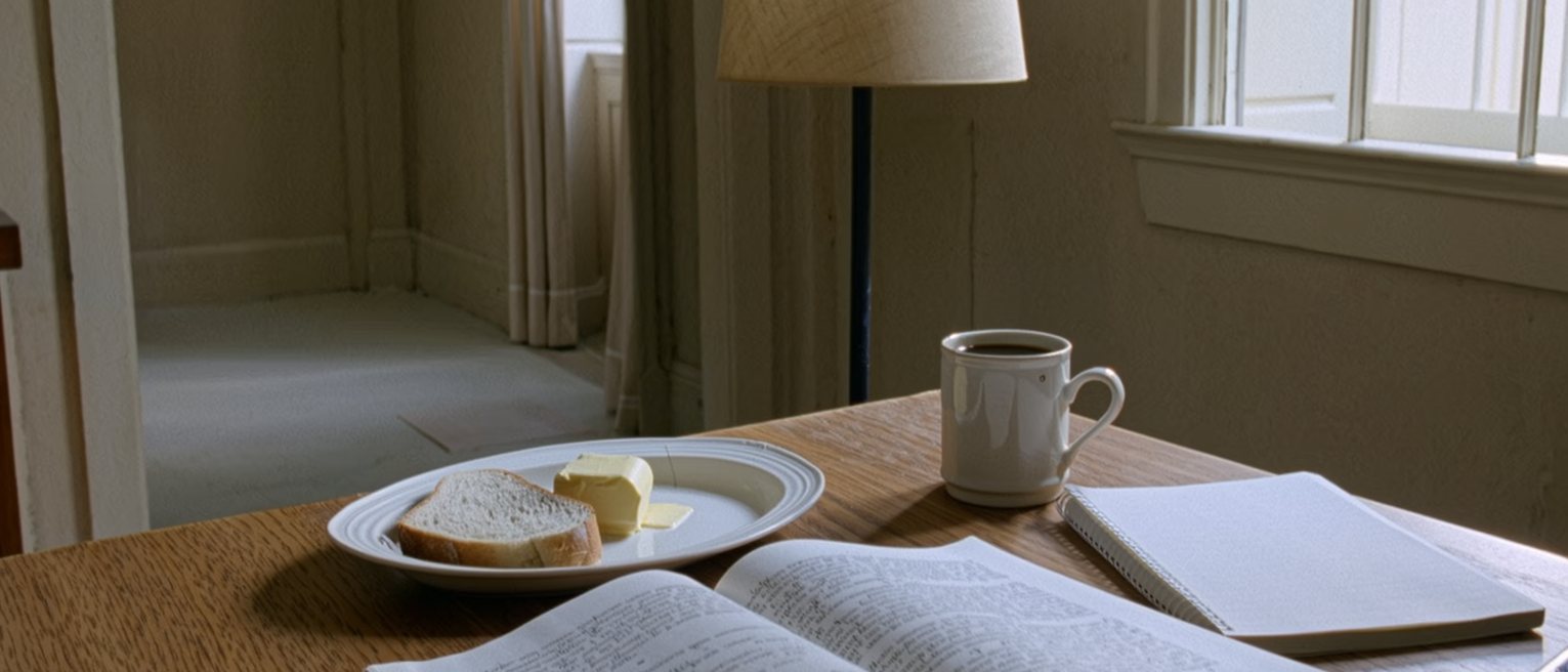 a kitchen table seen close with a paperback of essays open and underlined in pencil, a plate with bread and yellow butter softening beside it, a cup of coffee and a notebook, the lamp close behind