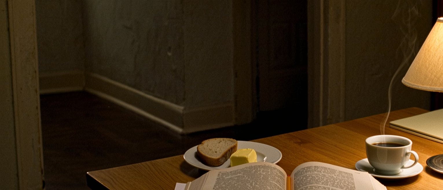 a kitchen table seen close with a paperback of essays open and underlined in pencil, a plate with bread and yellow butter softening beside it, a cup of coffee and a notebook, the lamp close behind