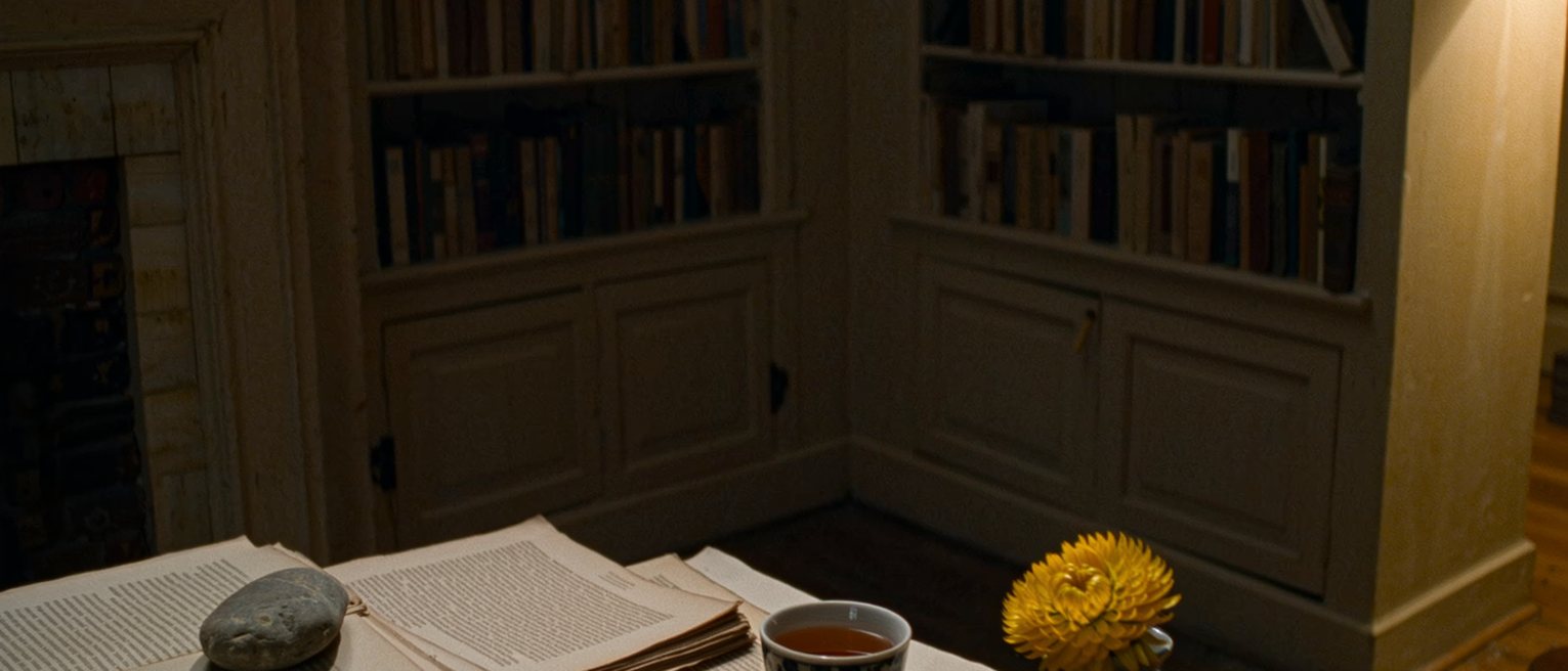 a study seen close with a stack of typed pages weighted by a stone, a vase with one yellow flower, a pencil sharpened and a cup of tea, the bookshelves close behind