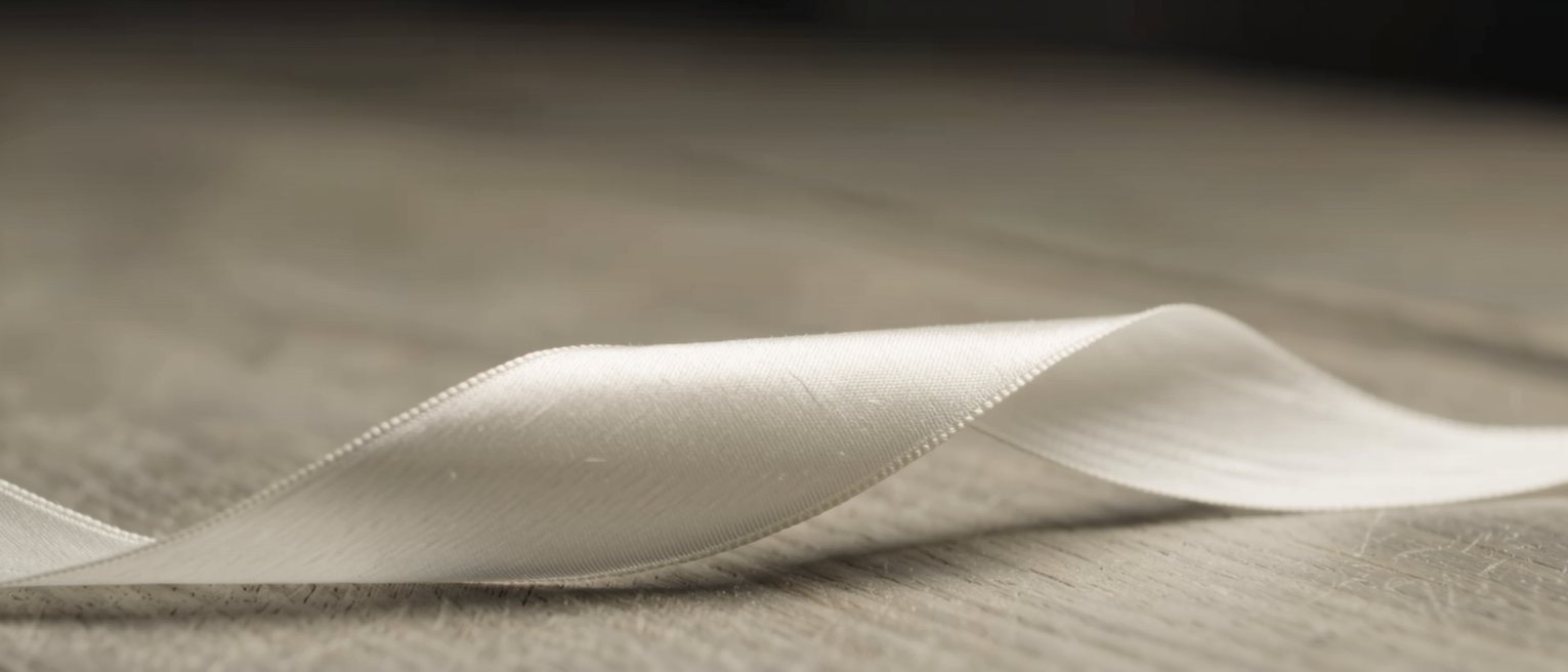 a wide satin gift ribbon curled tight and bright, lying on a table