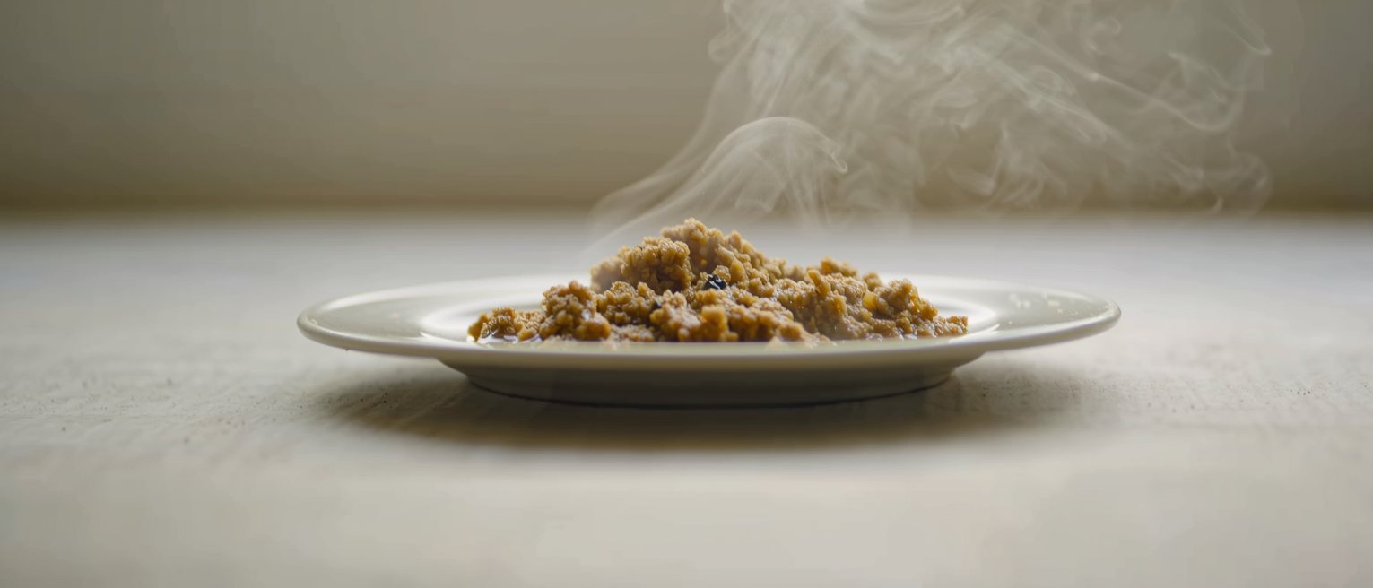 a plate of food set down and untouched, the steam just leaving it