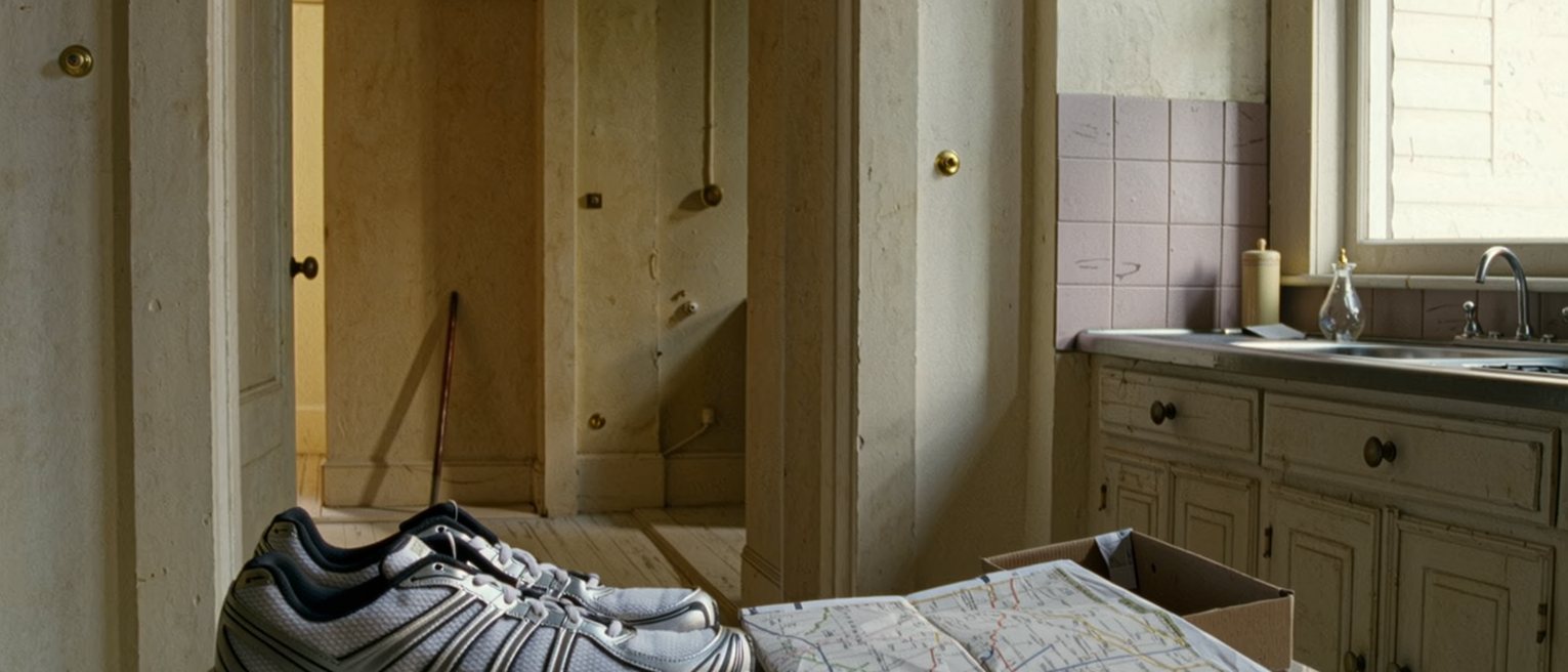 a kitchen table with a new pair of running shoes still in their box and a route pencilled on a folded map beside them