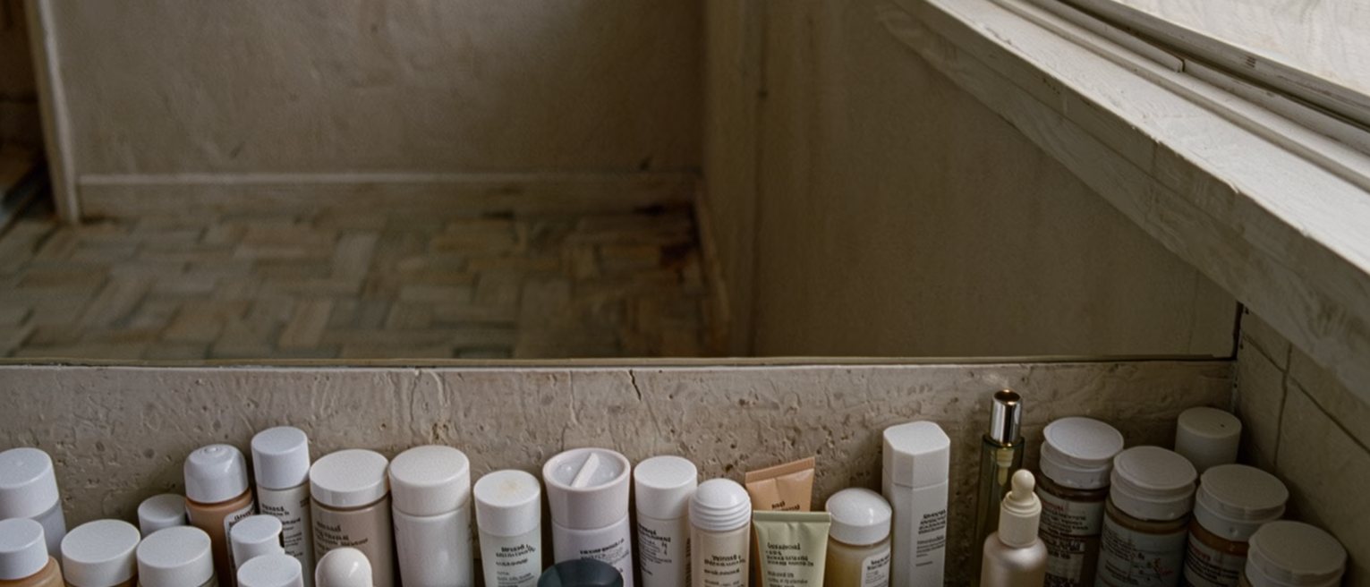 a bathroom shelf crowded with creams and serums, every one of them open and half used