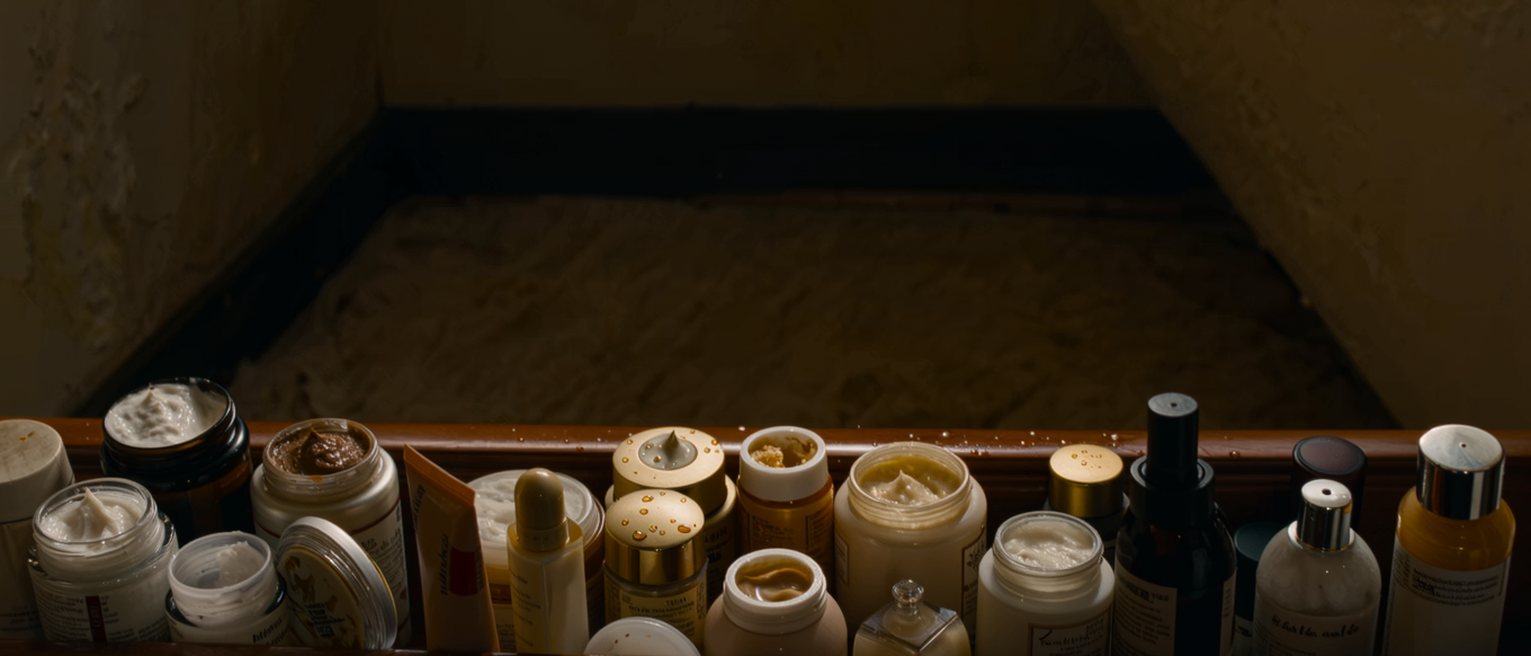 a bathroom shelf crowded with creams and serums, every one of them open and half used
