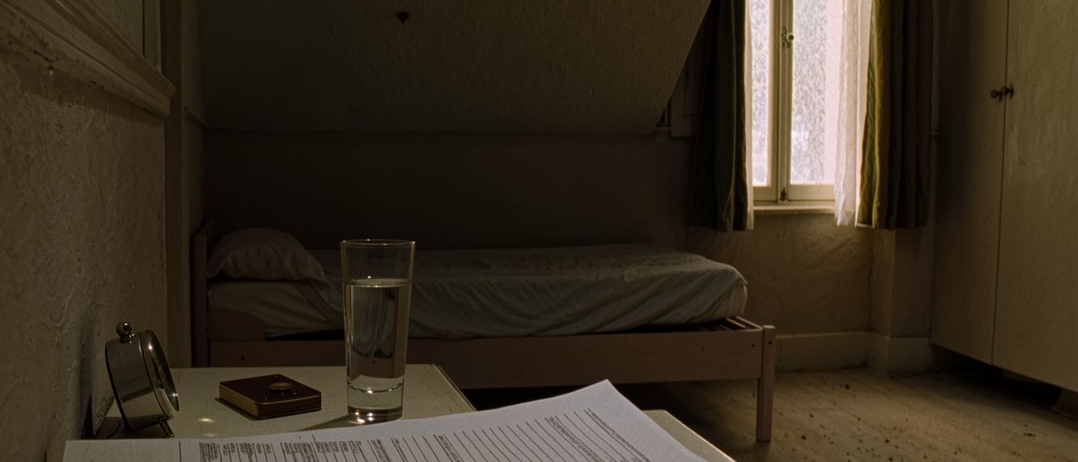 a bedroom seen close with a folded sheet of paper with a numbered list written on it laid on the bedside table beside a room key on its fob, a glass of water and a small clock, the bed with its cover turned back close behind and the tall window soft beyond
