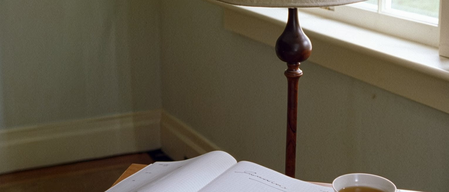 a writing desk seen close with a notebook open at a page where one verb is written and underlined, a pen laid down, a cup of tea, the lamp close behind and the window soft beyond