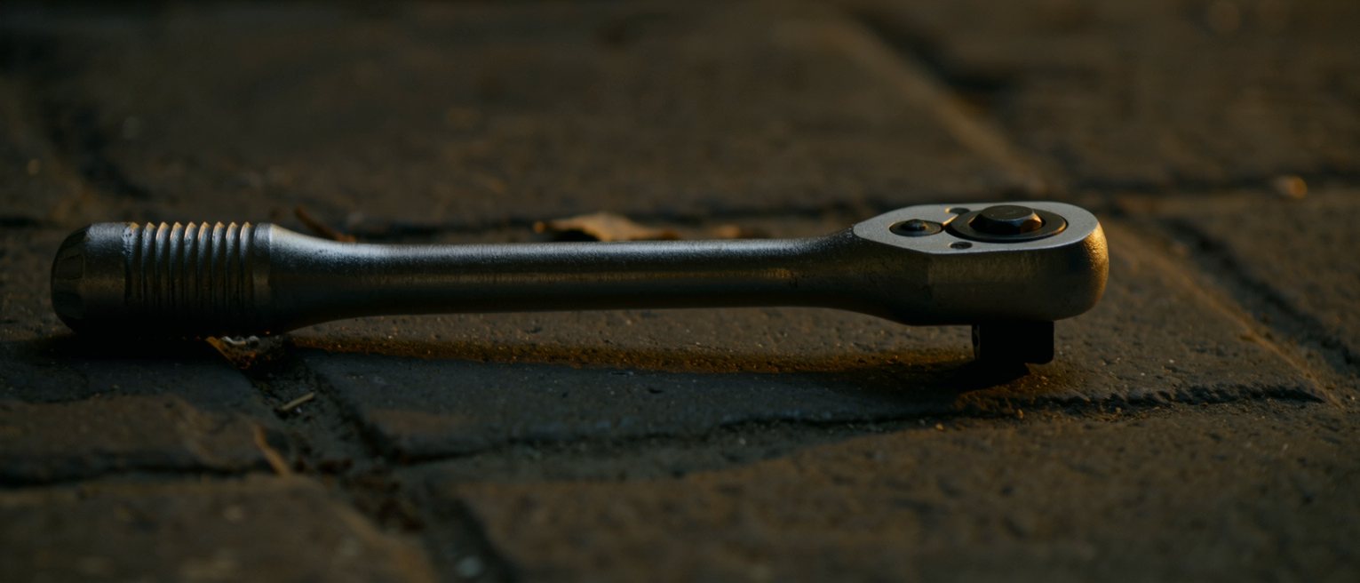 a steel ratchet handle with its pawl set and the teeth engaged