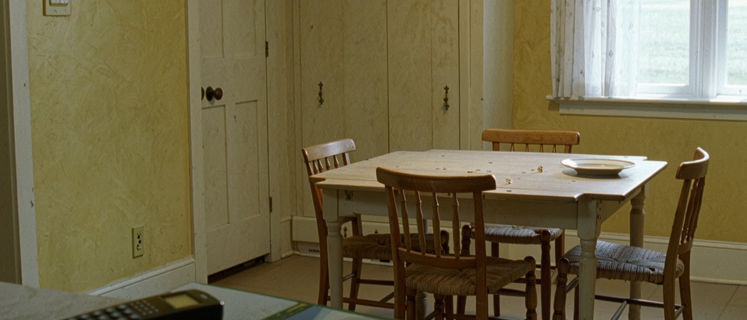 a phone lying face down on a kitchen table between a child's reading book and a single set place, the other chairs pushed in