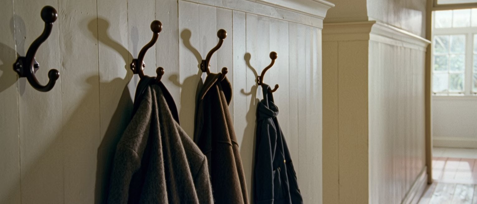 a hall with one adult coat and two small ones on the hooks, and a fourth hook standing empty